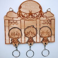 Attack on Titan Wall Keyholder and Keychain Set - custom engraved chibi keychains of Mikasa, Erin, and Armin