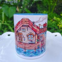 Sketch art of Willy's Shack Shop on the beach from Stardew Valley featured as a giftable mug 
