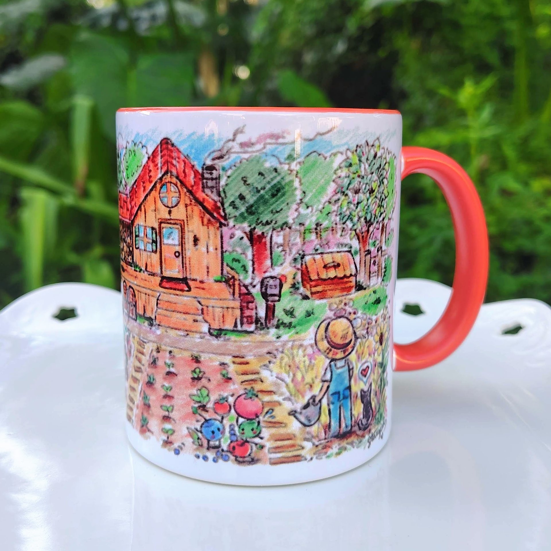 Stardew Valley inspired sketch art mug featuring original hand-drawn cozy gaming artwork with a cheerful orange accent.