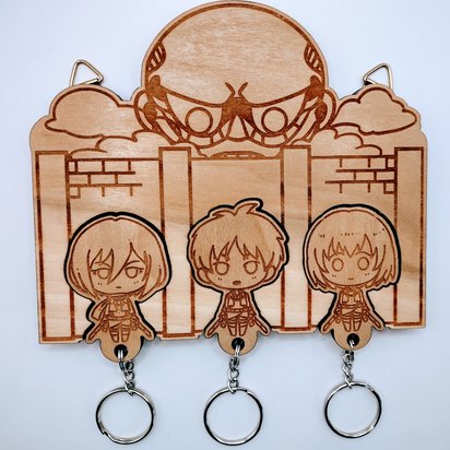 Attack on Titan Wall Keyholder and Keychain Set - custom engraved chibi keychains of Mikasa, Erin, and Armin