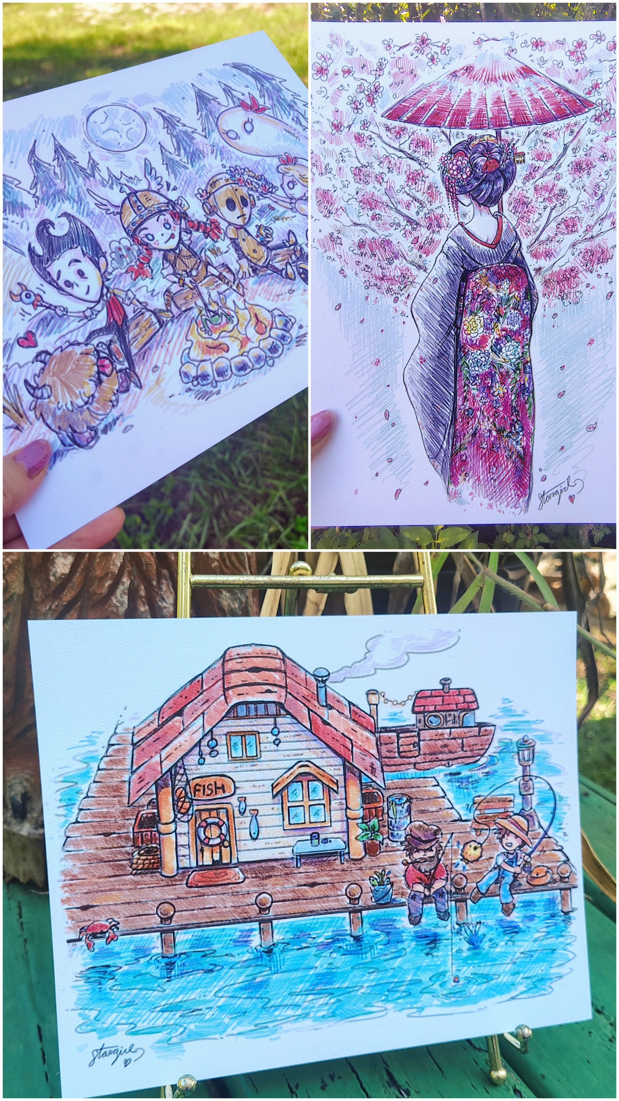 Fanart Sketch Prints for Don't Starve, Stardew Valley, and and original Maiko with Cherry Blossoms