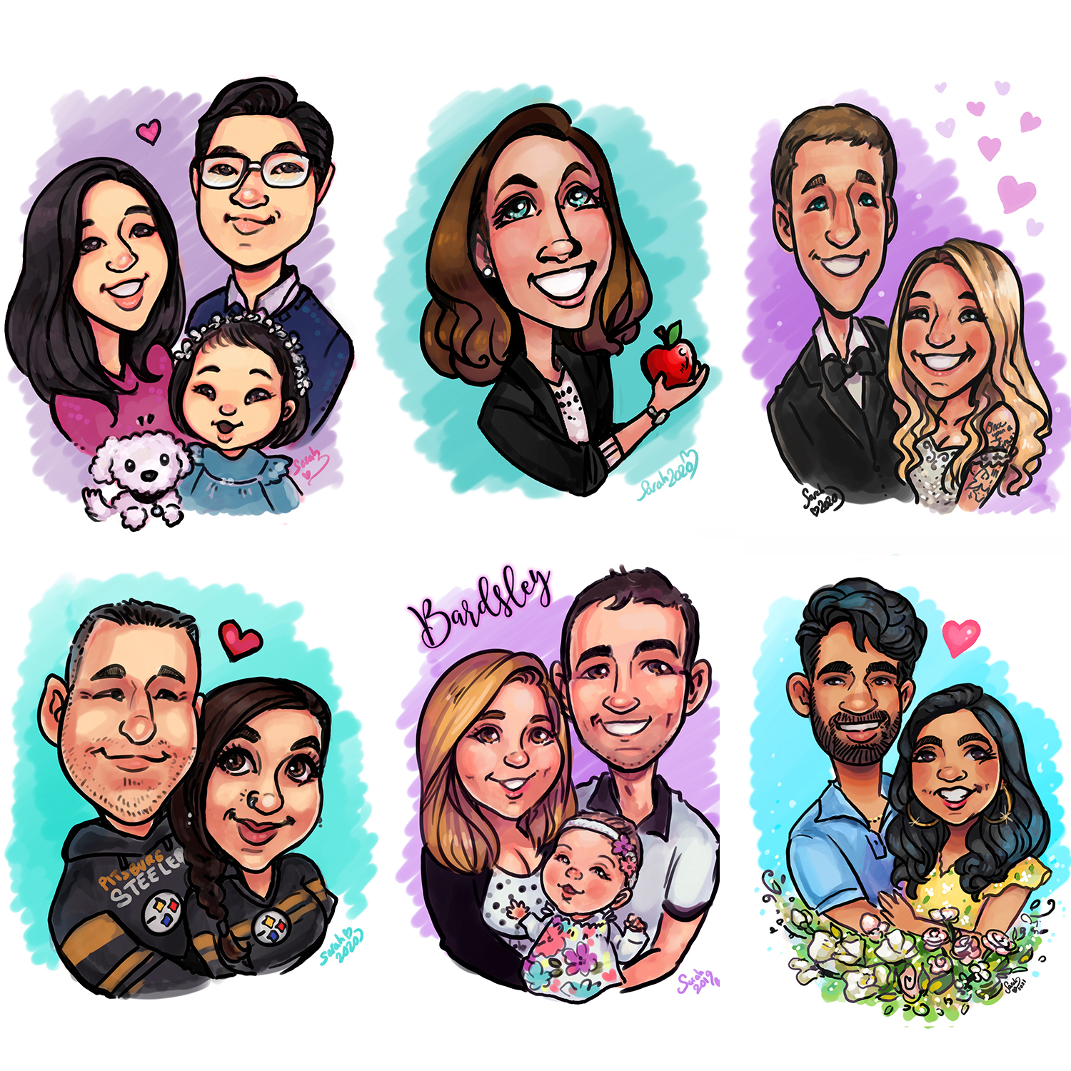 hand drawn digital caricature art commissions - fun couple and family portraits!